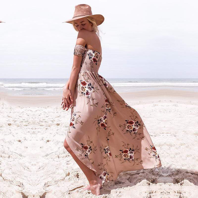 Floral Off Shoulder Smocked High Split Maxi Dress Summer 7
