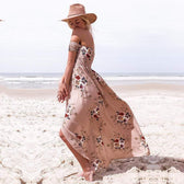 Floral Off Shoulder Smocked High Split Maxi Dress Summer 7