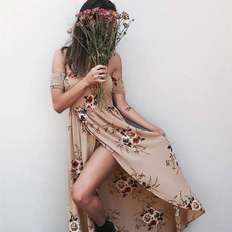 Floral Off Shoulder Smocked High Split Maxi Dress Summer 9