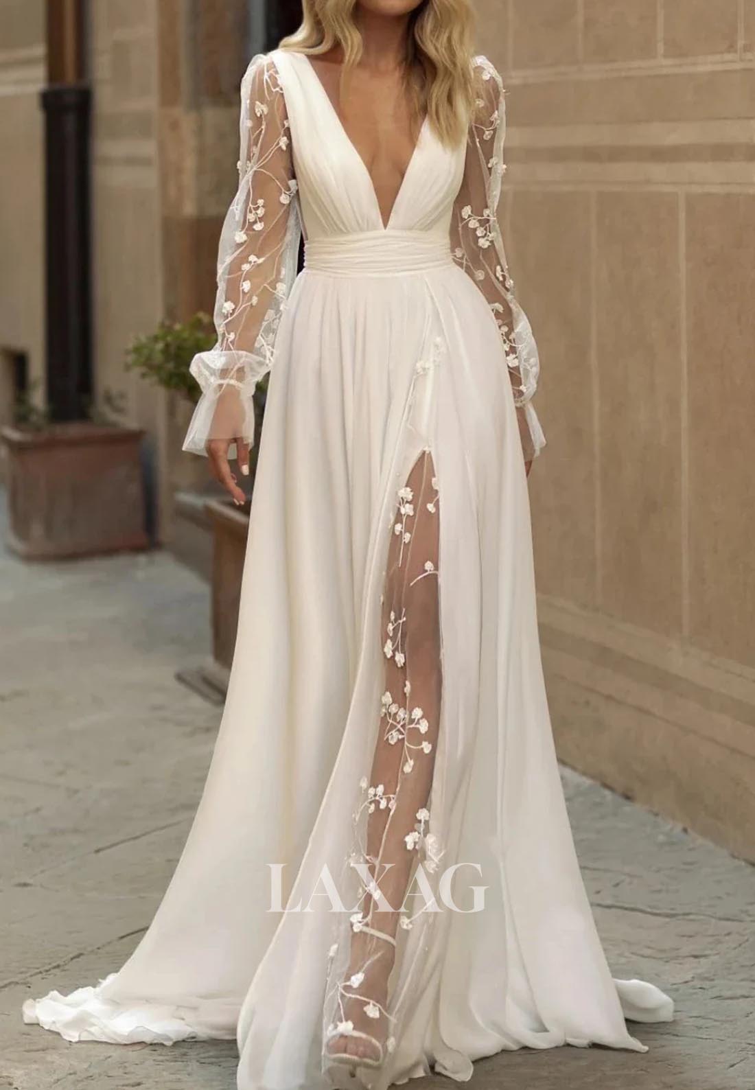 Deep V-Neck Pleated Sheer Chiffon A-Line Wedding Dress Tulle-Long-Sleeves Applique Bride Gowns