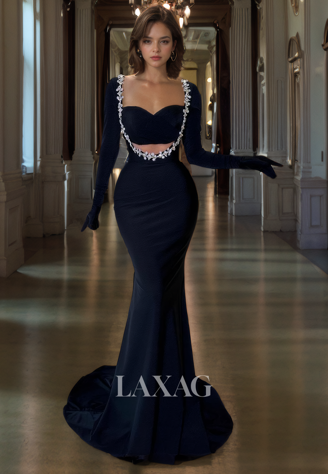 Sweetheart Beaded Long-Sleeves Mermaid Formal Prom Dress Sweep Train Pleated Party Gowns