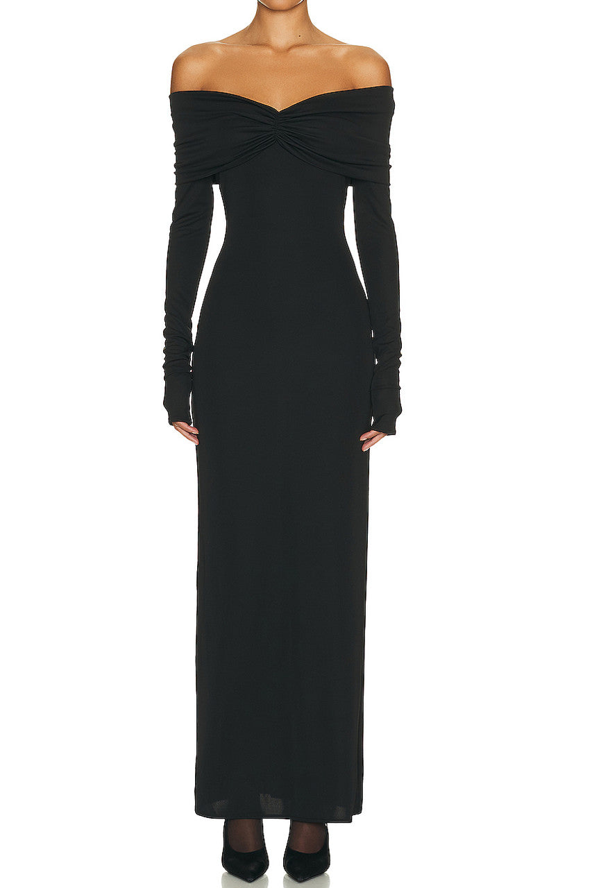 Off Shoulder Ruched Fold Long Sleeve Mermaid Maxi Dress 16