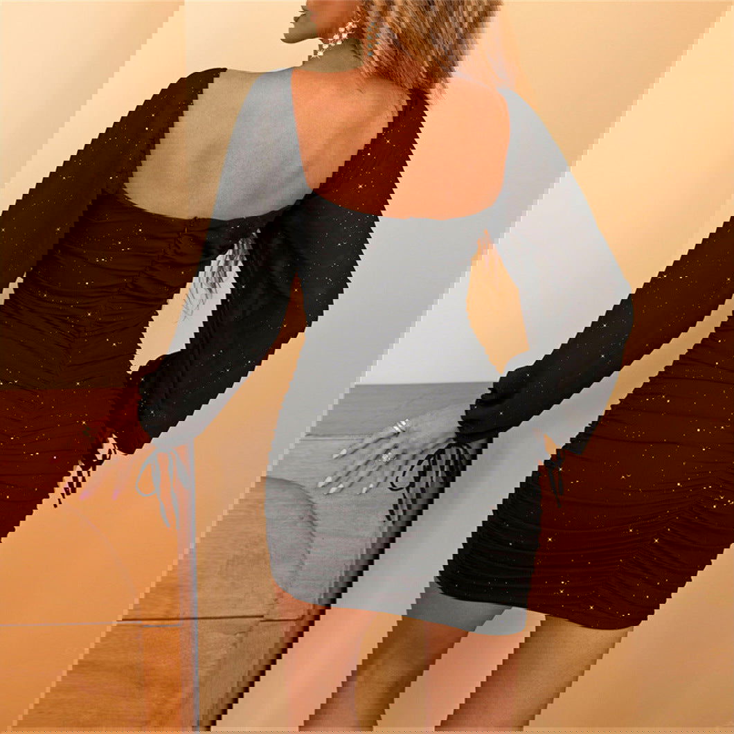 Long Sleeve Deep V Plunge Plunge Dress Tight Black Hip