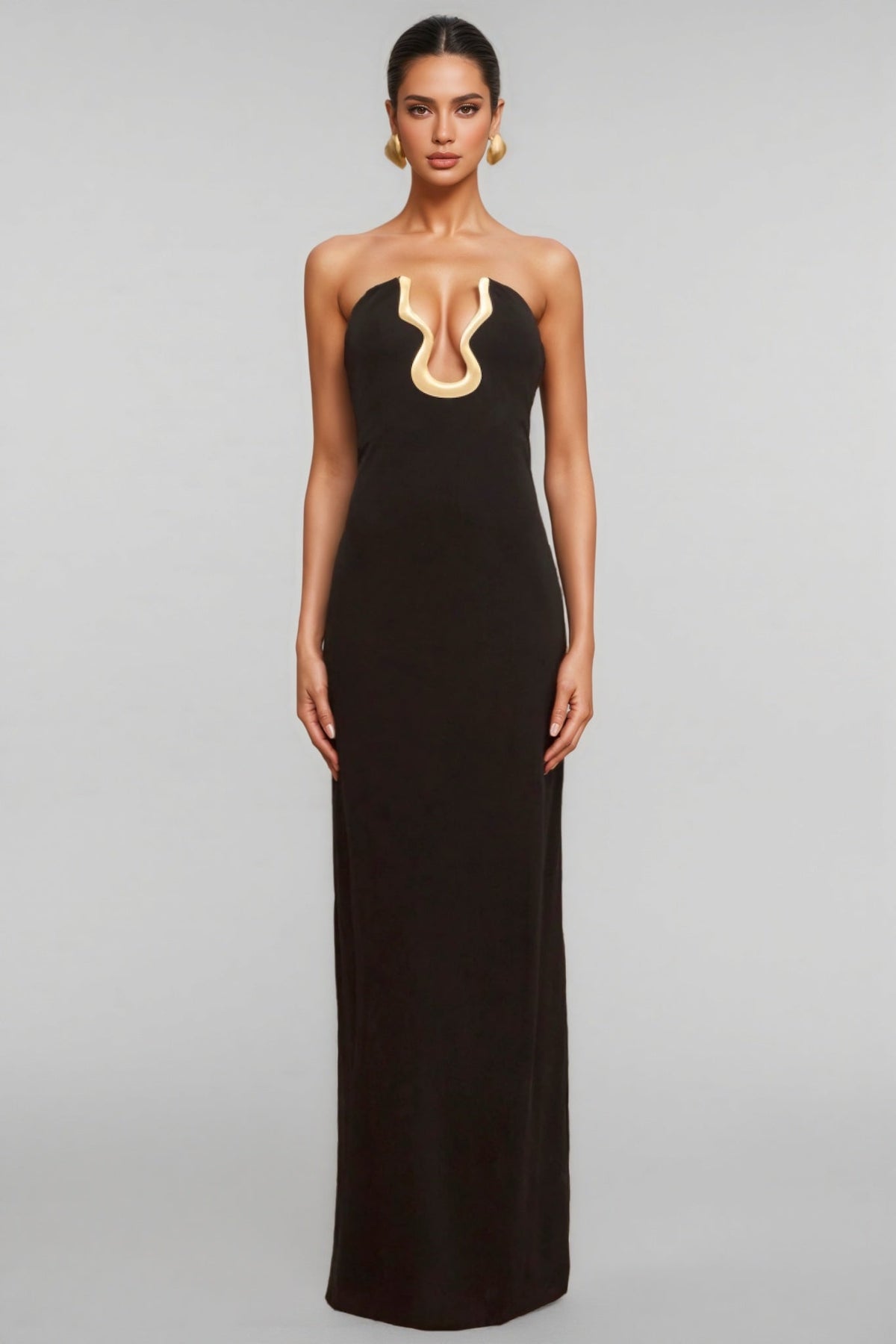 Strapless Plunge Metallic Trim Cut Out Column Maxi Dress