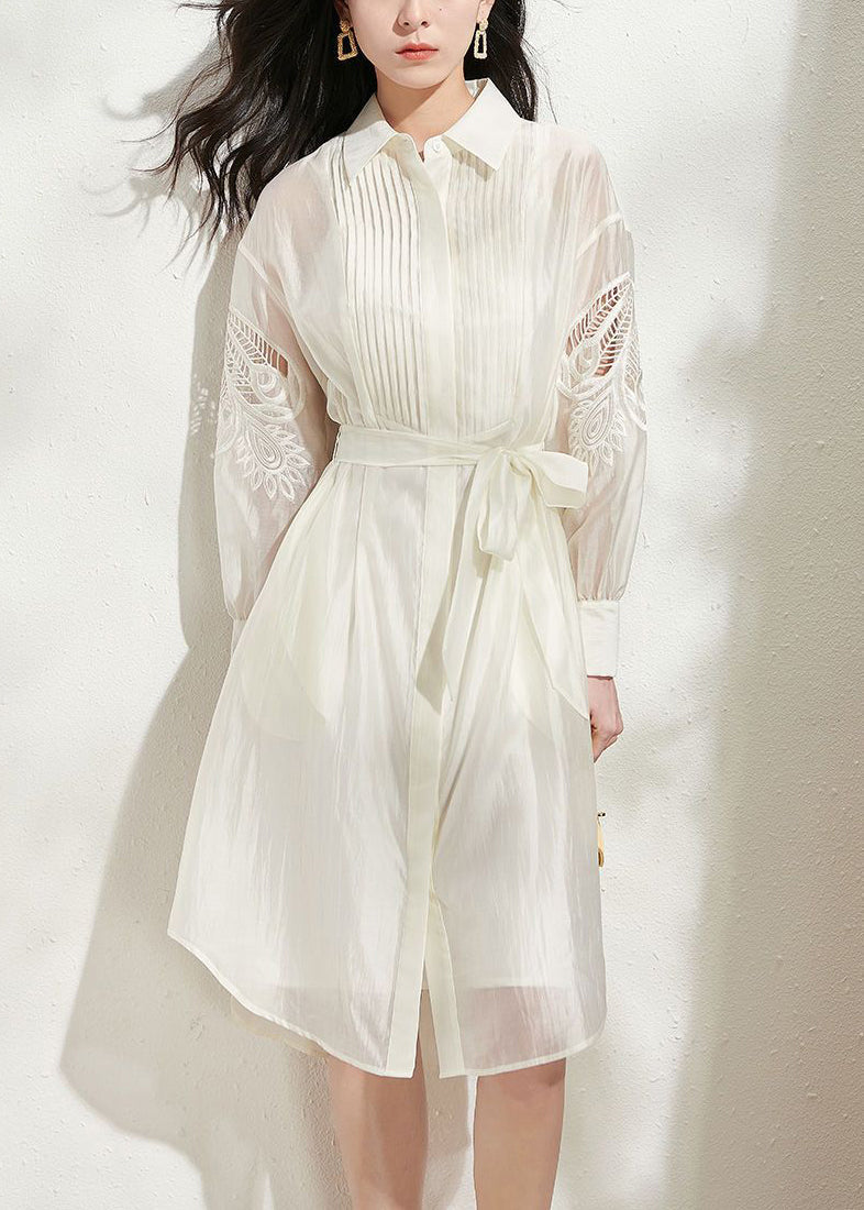 Sheer Pintuck Eyelet Sleeve Tie Waist Shirt Dress