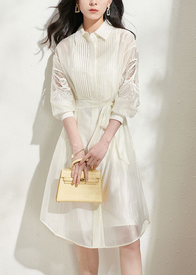 Sheer Pintuck Eyelet Sleeve Tie Waist Shirt Dress