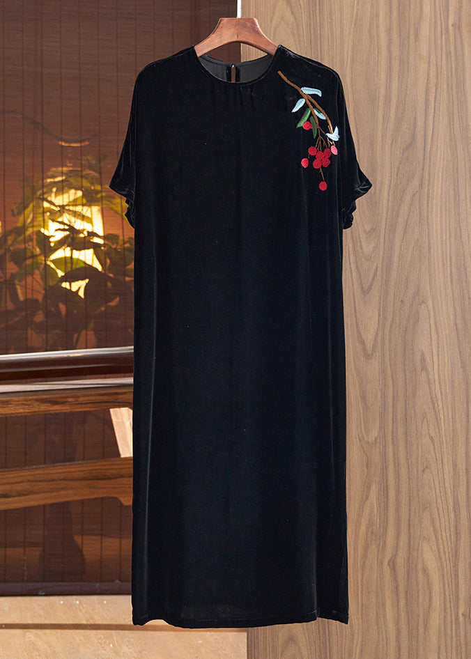 Velvet Floral Branch Embroidery Round Neck Short Sleeve Shift Midi Dress