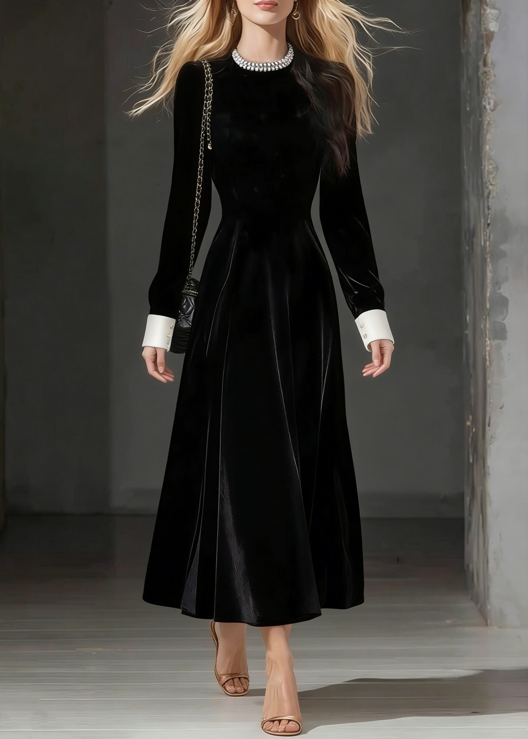 Crew Neck Contrast Cuff Long Sleeve Velvet A-Line Party Dress