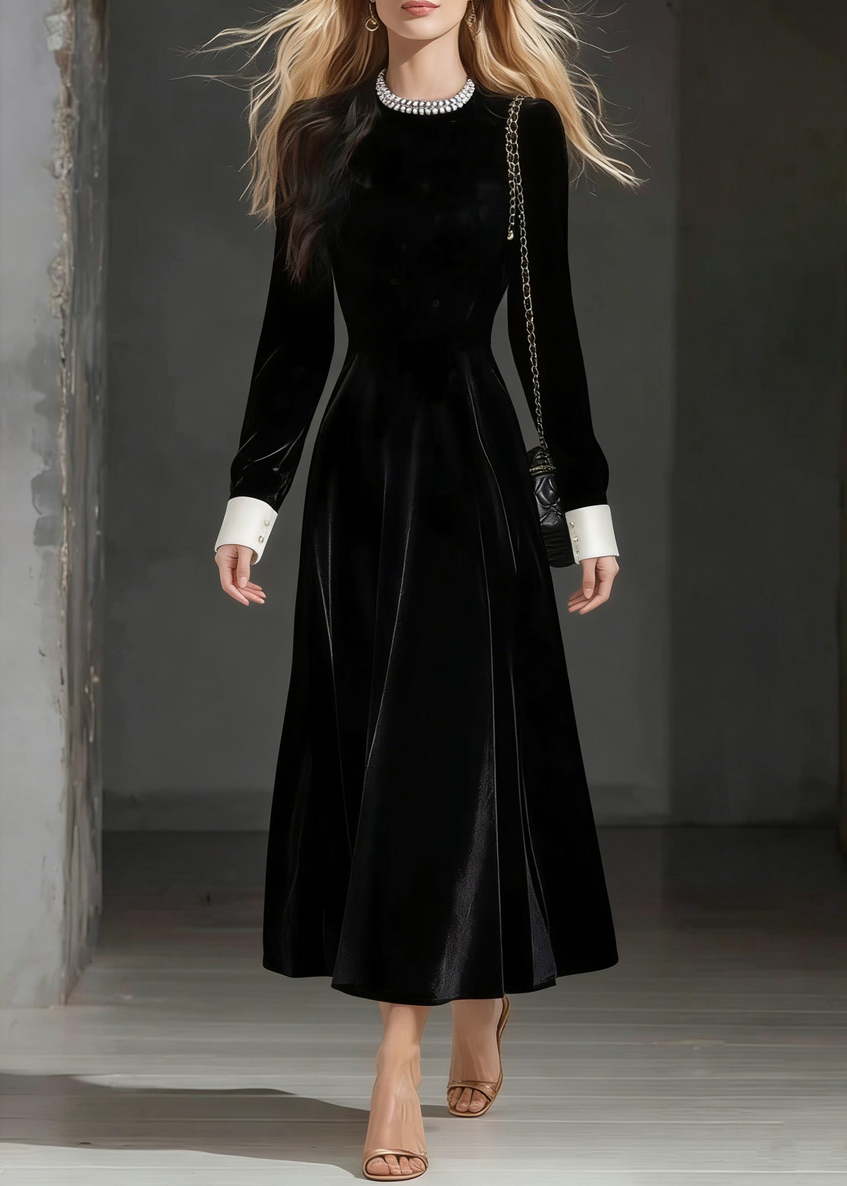 Crew Neck Contrast Cuff Long Sleeve Velvet A-Line Party Dress