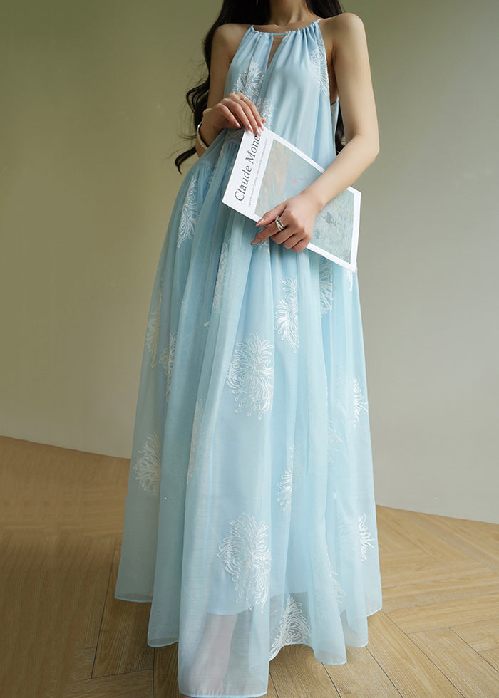 Floral Embroidered Halter Neck Keyhole Gathered Tiered Sheer Overlay Maxi Dress