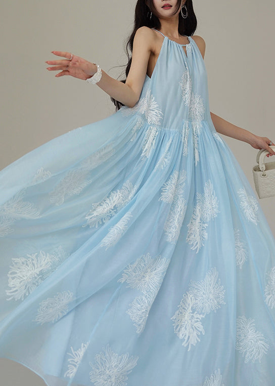 Floral Embroidered Halter Neck Keyhole Gathered Tiered Sheer Overlay Maxi Dress