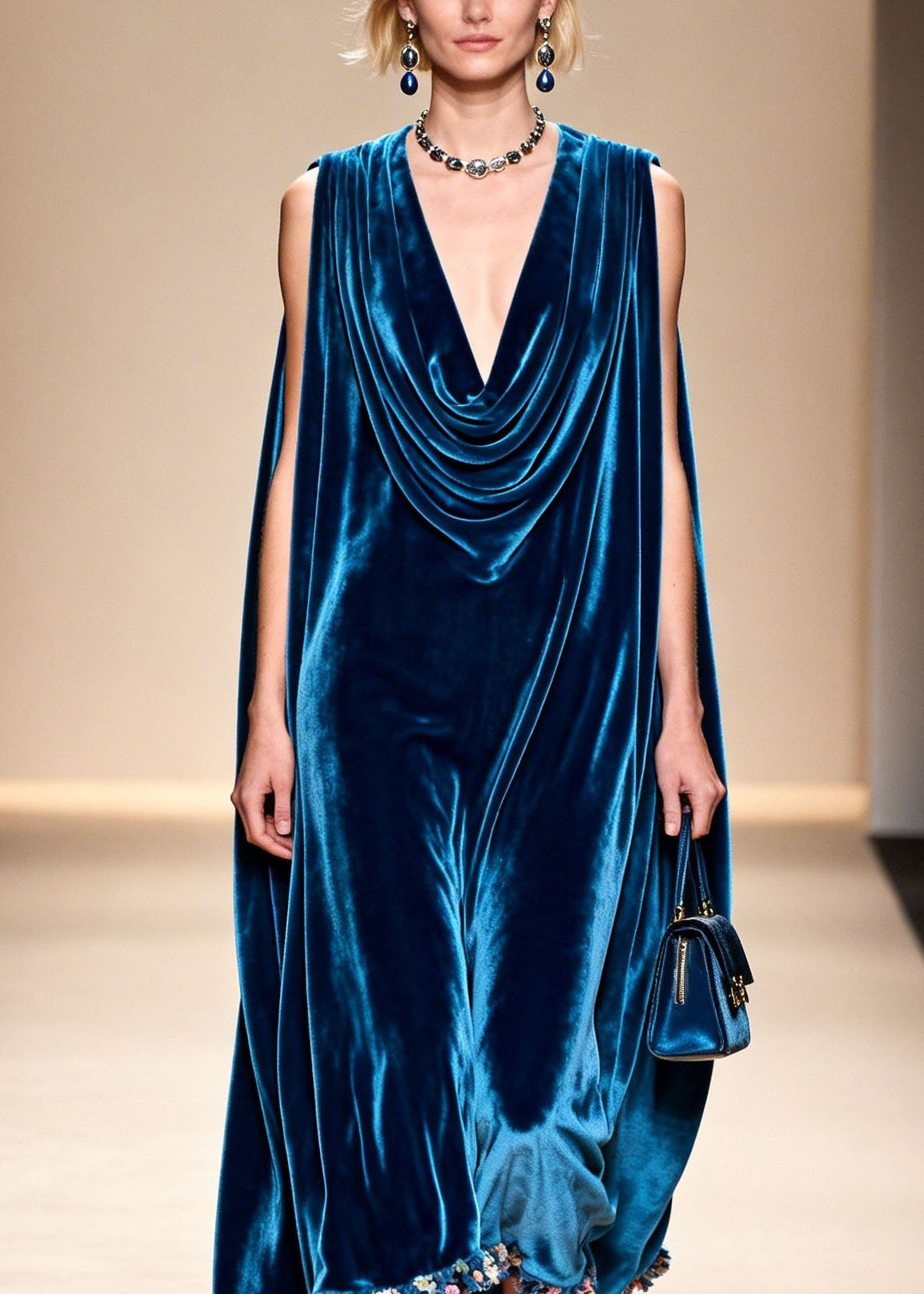 Velvet Cowl Neck Sleeveless Floral Applique Hem Maxi Gown