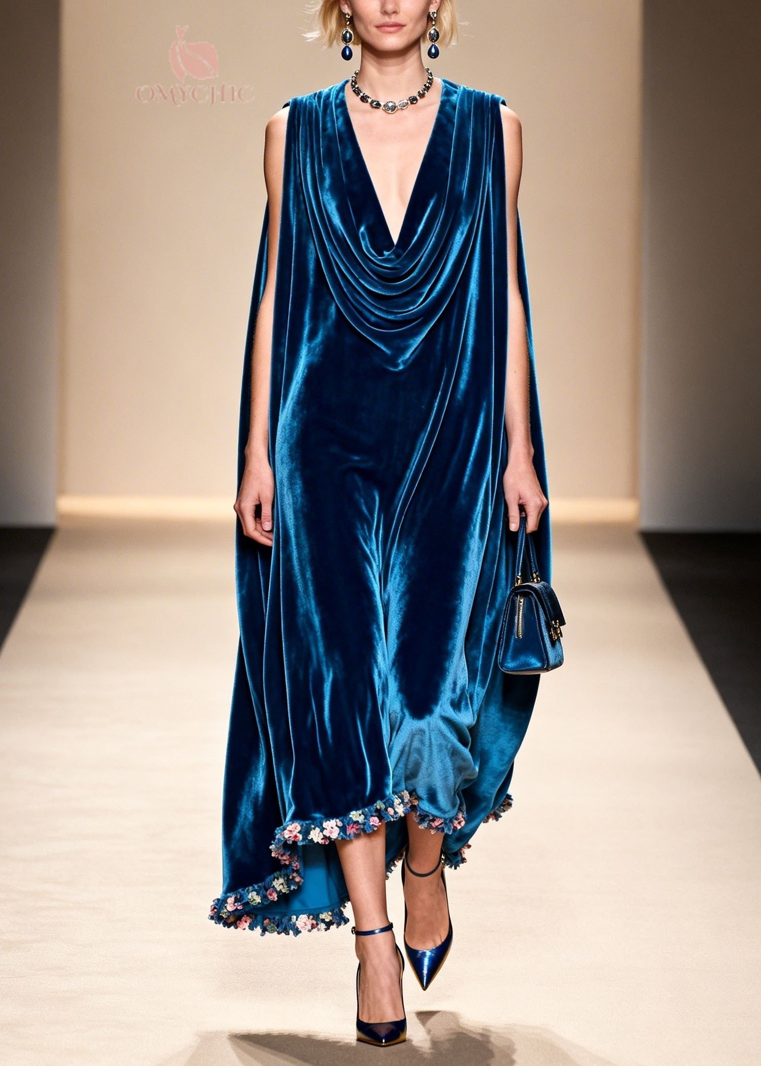 Velvet Cowl Neck Sleeveless Floral Applique Hem Maxi Gown
