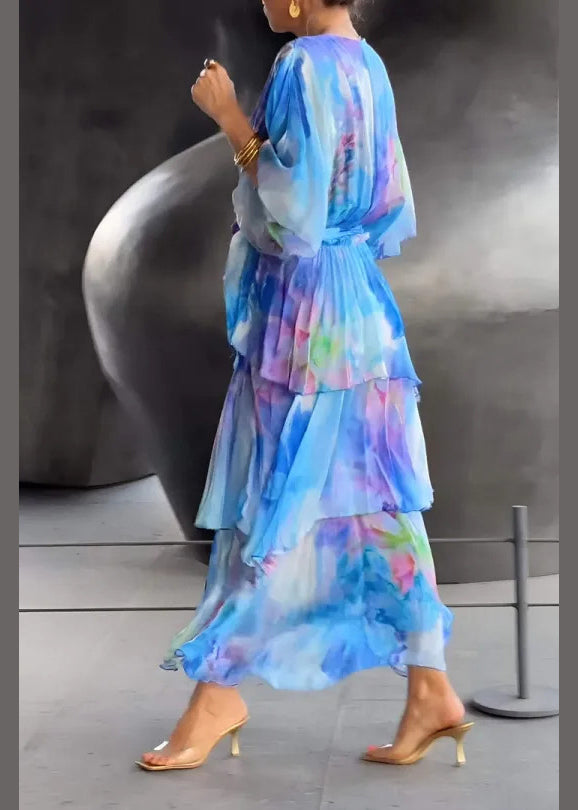 Loose Blue Layered Ruffled Print Chiffon Dress Butterfly Sleeve 3