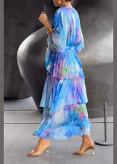 Loose Blue Layered Ruffled Print Chiffon Dress Butterfly Sleeve 3