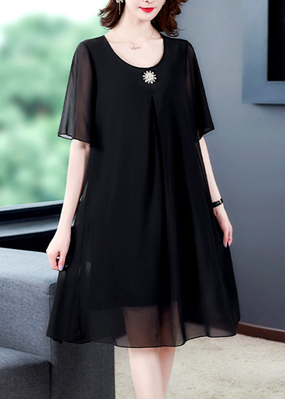 Chiffon Round Neck Rhinestone Brooch Flutter Sleeve Pleated Knee Length Dress