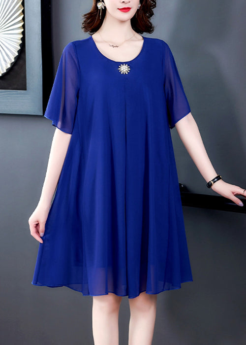 Chiffon Round Neck Rhinestone Brooch Flutter Sleeve Pleated Knee Length Dress