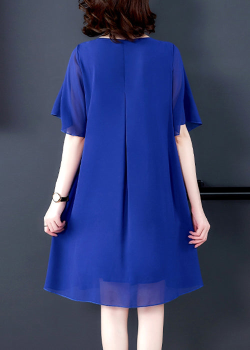 Chiffon Round Neck Rhinestone Brooch Flutter Sleeve Pleated Knee Length Dress