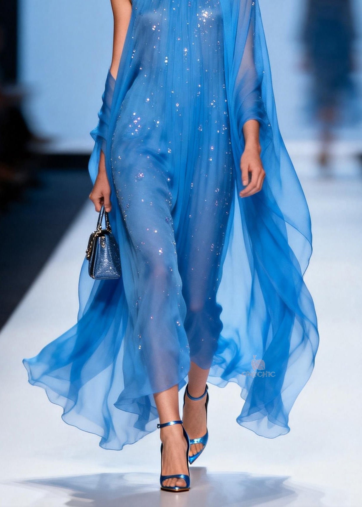 Rhinestone Scatter Round Neck Sheer Cape Train Chiffon Maxi Gown