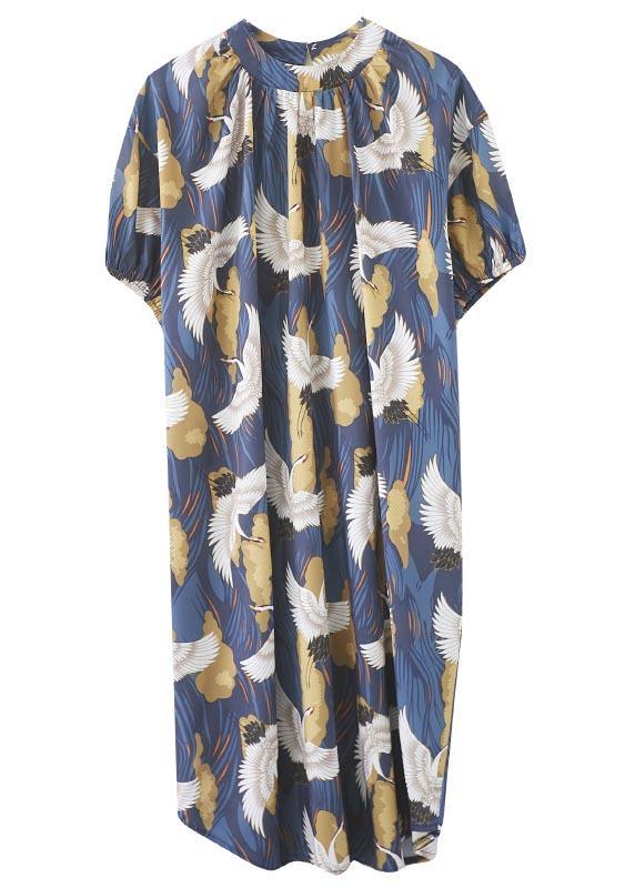 Loose Blue Print Cotton O-Neck Loose Summer Mid Dress ( Limited Stock)