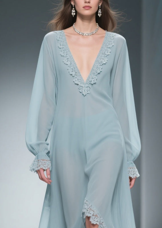 Chiffon Deep V-Neck Bishop Sleeve Lace Trim Sheer High Low Maxi Gown