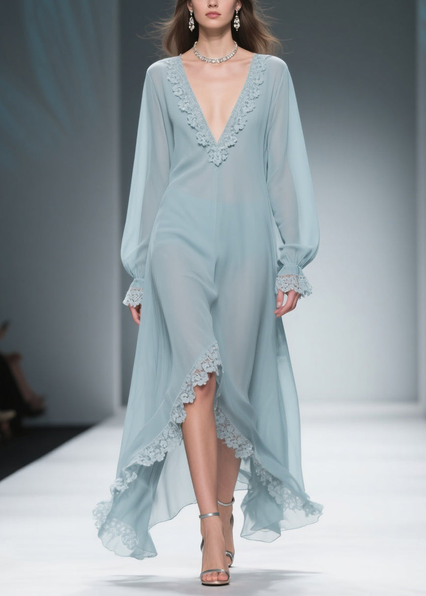 Chiffon Deep V-Neck Bishop Sleeve Lace Trim Sheer High Low Maxi Gown