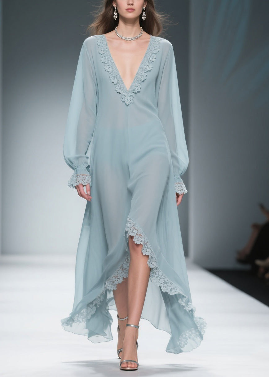 Chiffon Deep V-Neck Bishop Sleeve Lace Trim Sheer High Low Maxi Gown