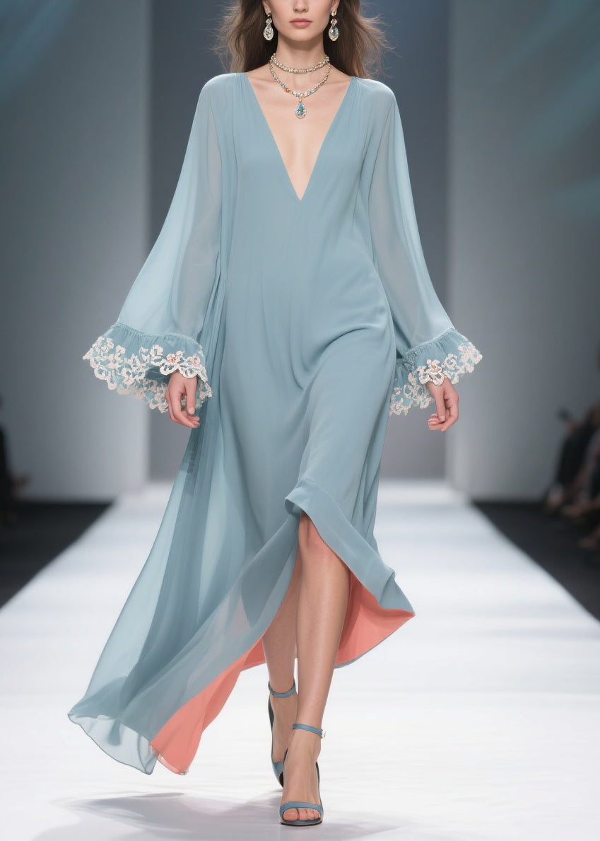 Chiffon Deep V-Neck Lace Trim Flare Sleeve High Low Maxi Dress