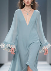 Loose Blue V Neck Solid Chiffon Maxi Dresses Flare Sleeve 2