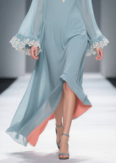 Loose Blue V Neck Solid Chiffon Maxi Dresses Flare Sleeve 4