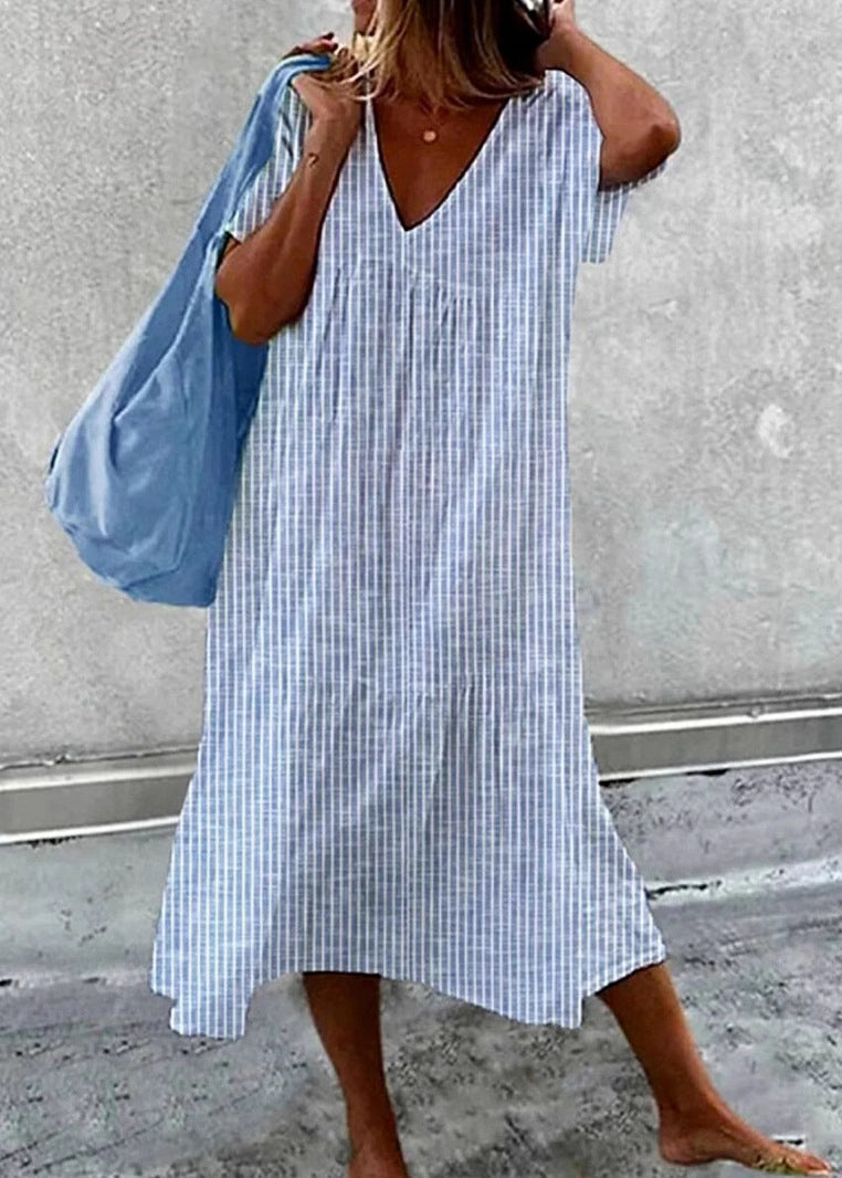 Loose Blue V Neck Striped Cotton Maxi Dresses Summer