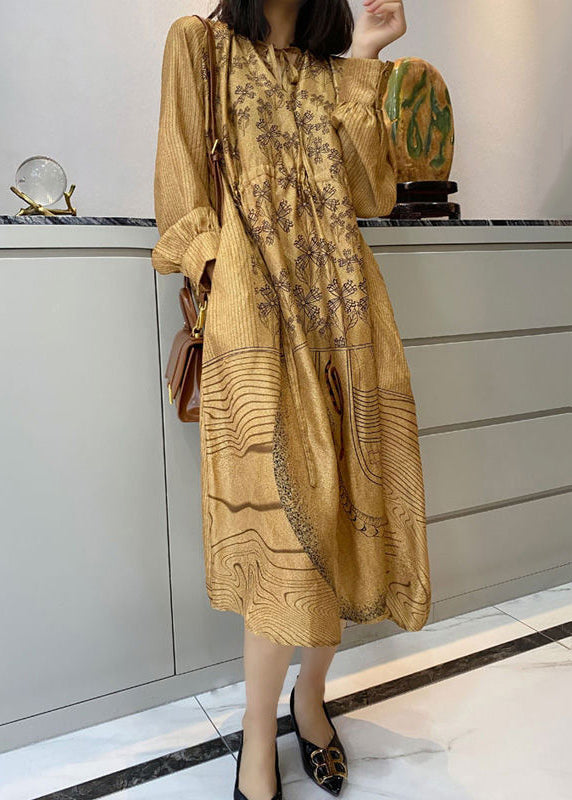 V-Neck Tie Front Long Sleeve Botanical Graphic Print Midi Dress