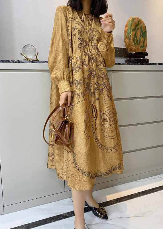 V-Neck Tie Front Long Sleeve Botanical Graphic Print Midi Dress