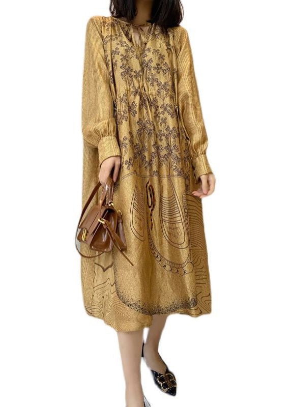 V-Neck Tie Front Long Sleeve Botanical Graphic Print Midi Dress