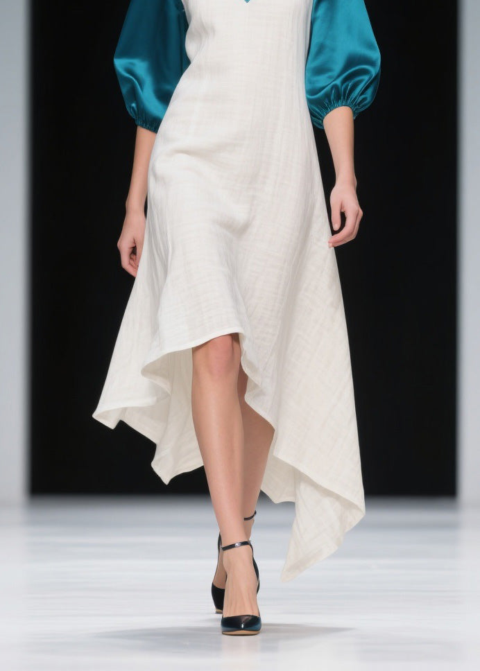Deep V-Neck Puff Sleeve Satin Trim Relaxed A-Line High Low Summer Midi Dress
