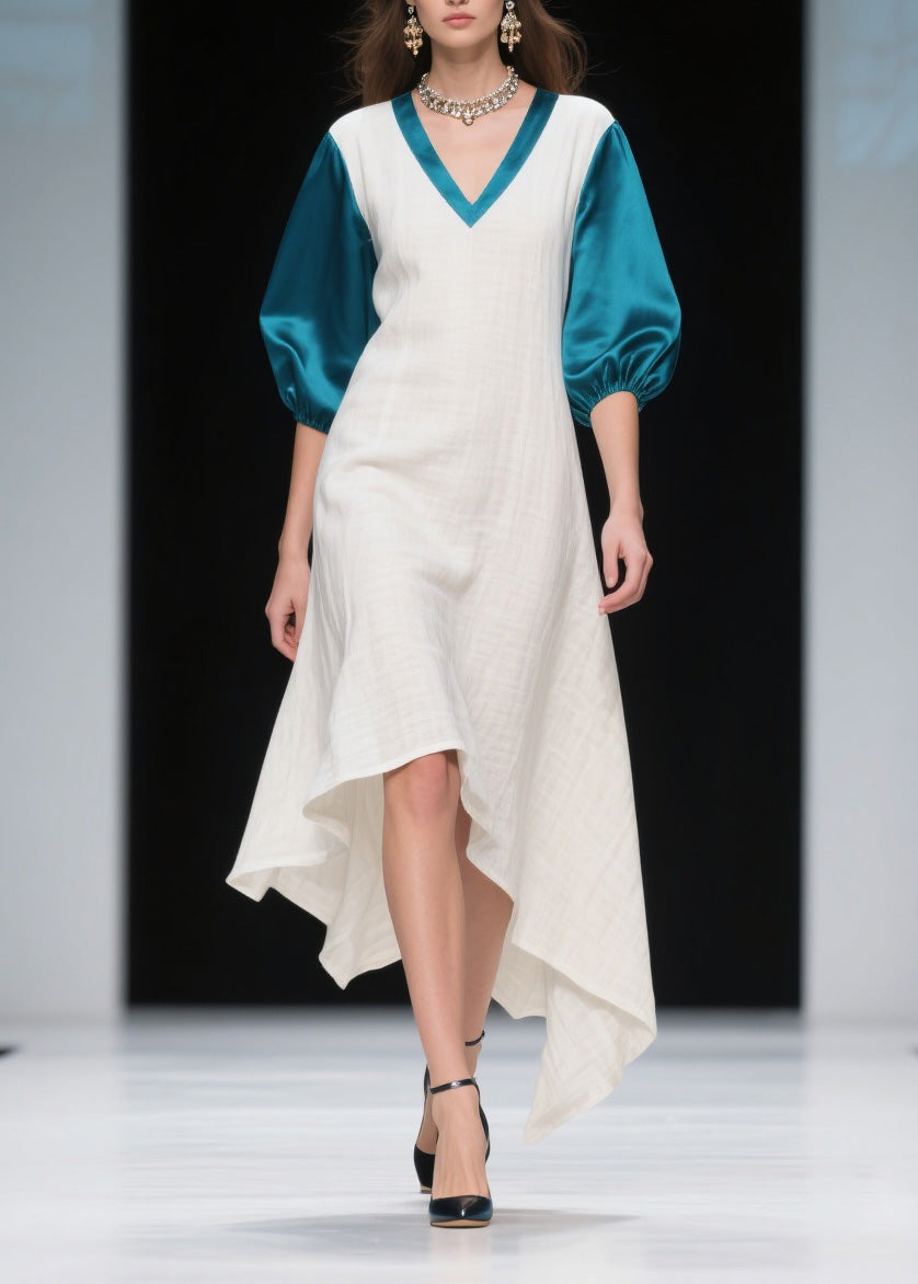 Deep V-Neck Puff Sleeve Satin Trim Relaxed A-Line High Low Summer Midi Dress