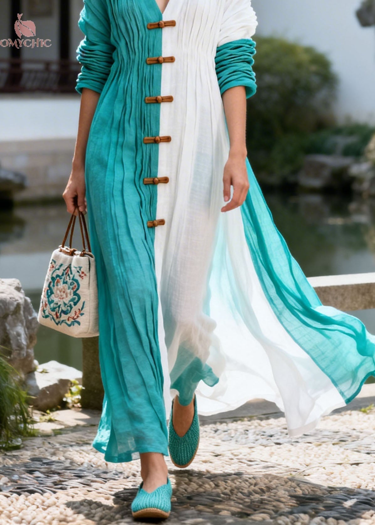 Loose Colorblock V Neck Patchwork Chinese Button Cotton Maxi Dresses Summer