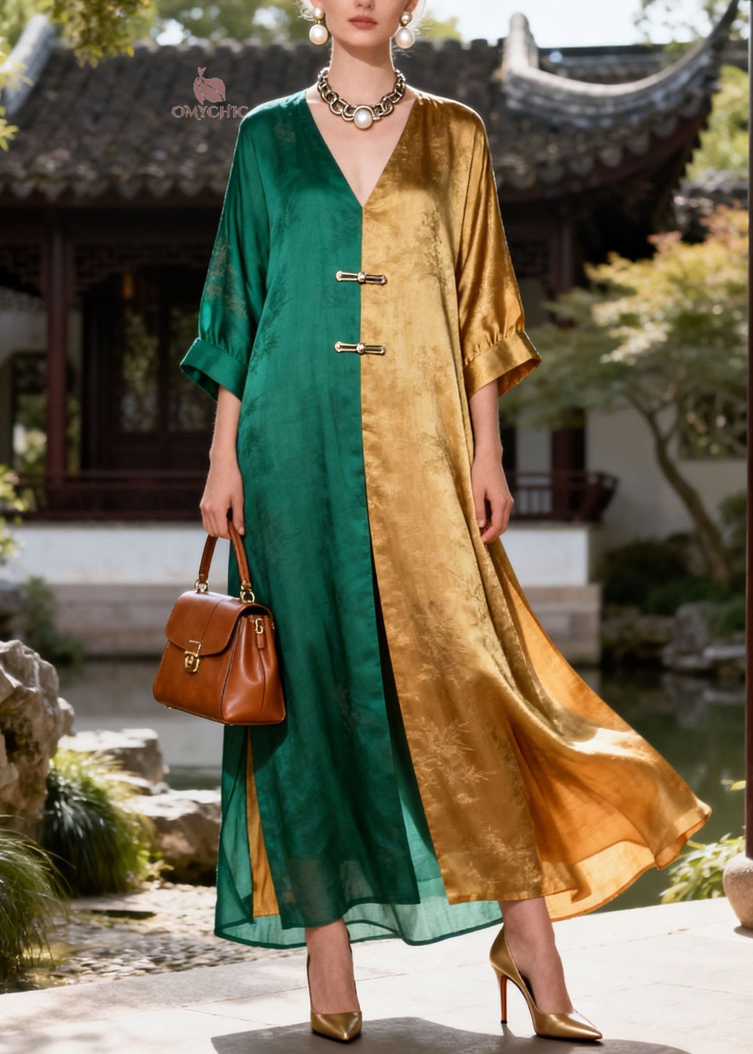 Jacquard Botanical Print Frog Toggle Wide Sleeve High Split Panel Maxi Gown