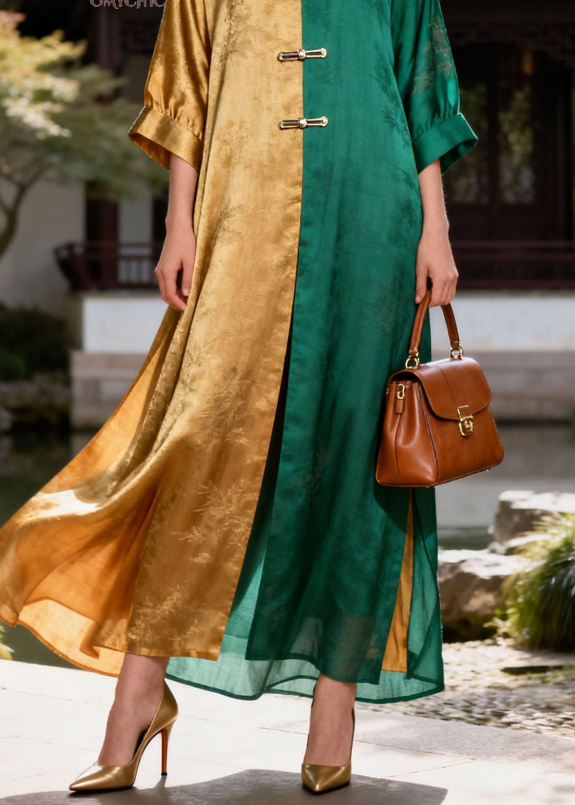 Jacquard Botanical Print Frog Toggle Wide Sleeve High Split Panel Maxi Gown