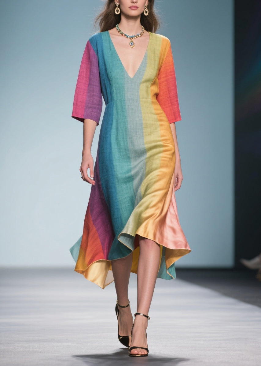 Vertical Stripe Deep V-Neck Three Quarter Sleeve Handkerchief Hem Maxi Dress