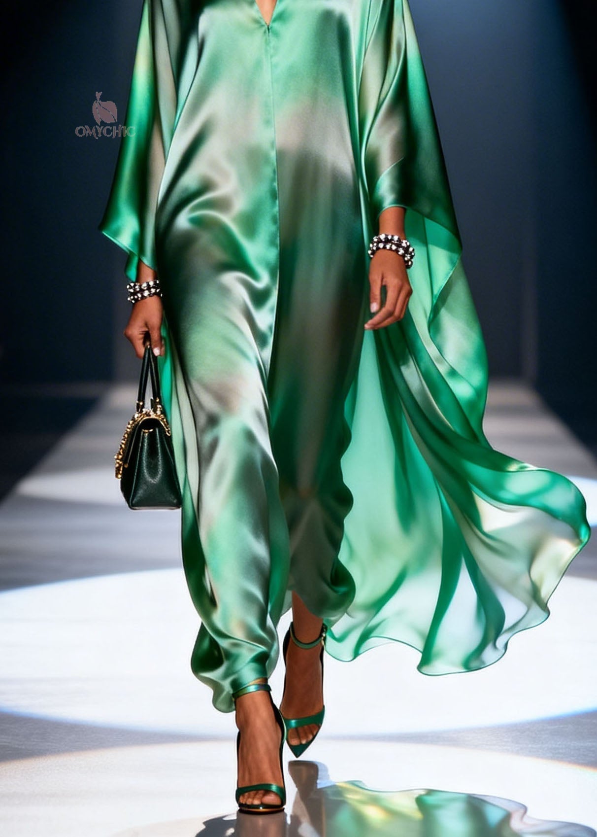 Ombre Satin Deep V-Neck Cape Sleeve Kaftan Maxi Gown
