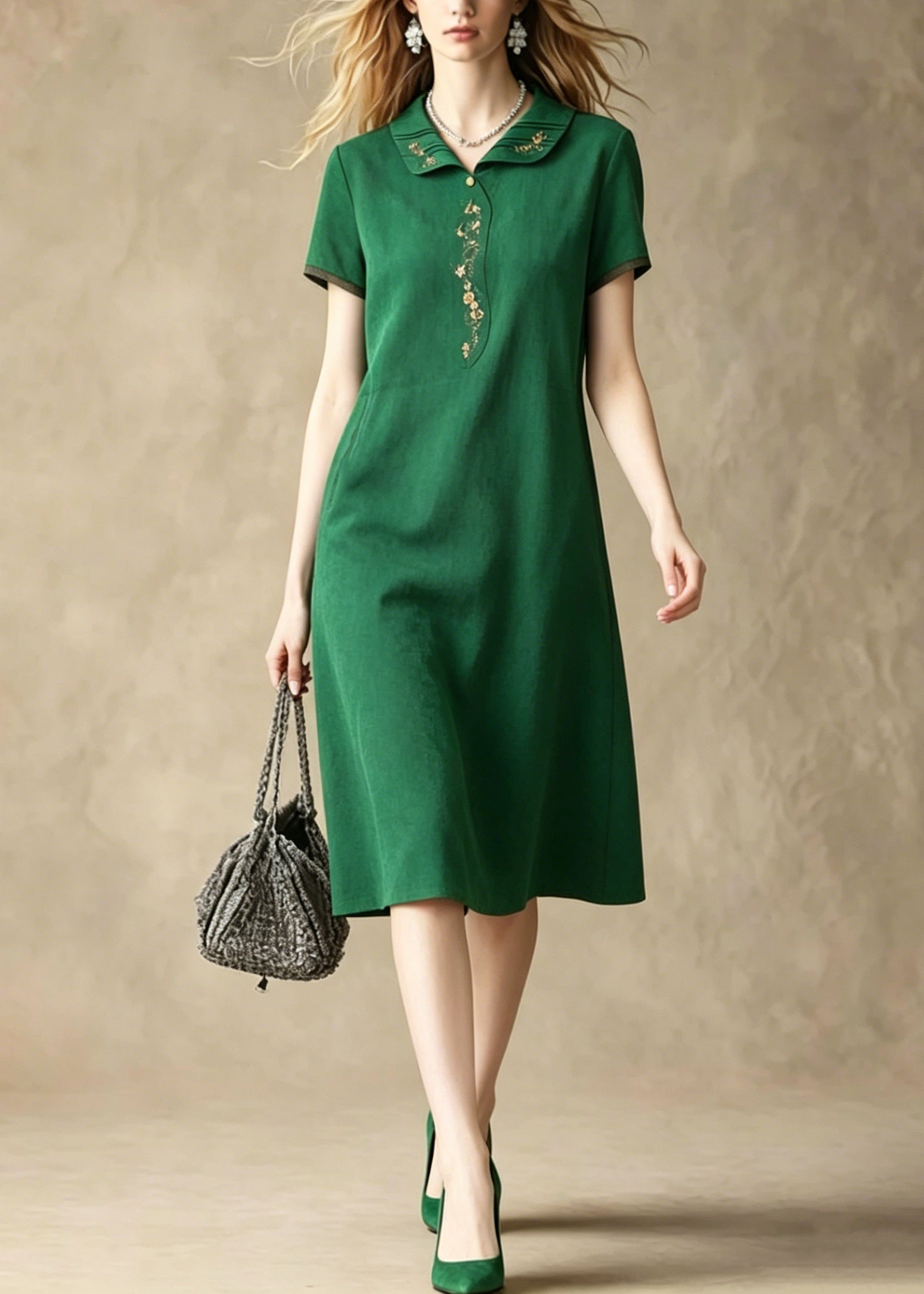 Short Sleeve Peter Pan Collar Embroidered Trim Knee Length Shift Dress