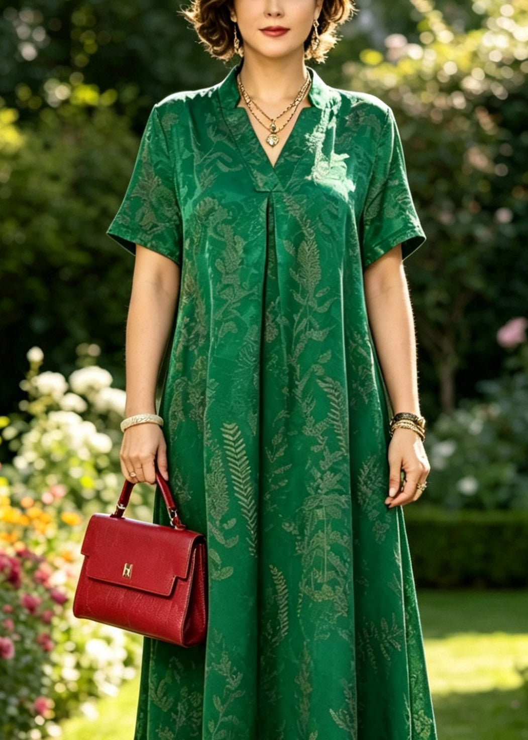 Jacquard Leaf Print Split V-Neck Stand Collar Short Sleeve Center Pleat A-Line Maxi Dress
