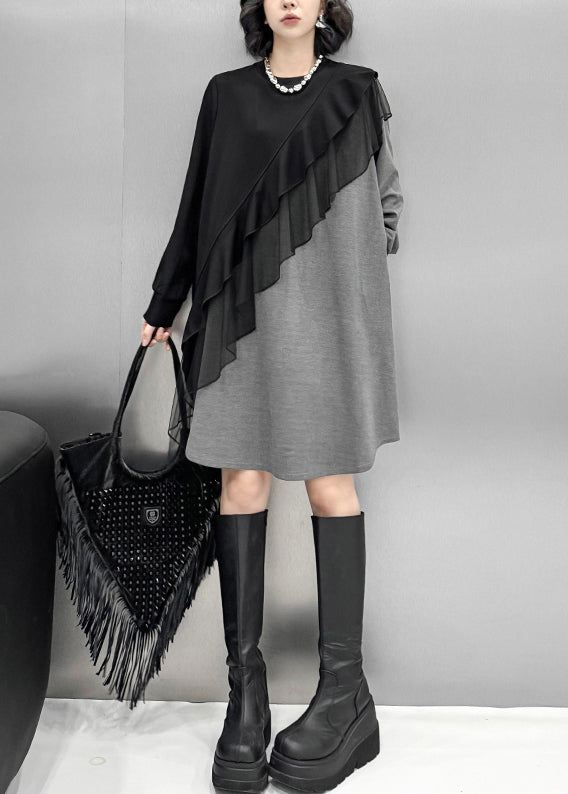 Asymmetrical Tulle Ruffle Patchwork Long Sleeve Mini Dress