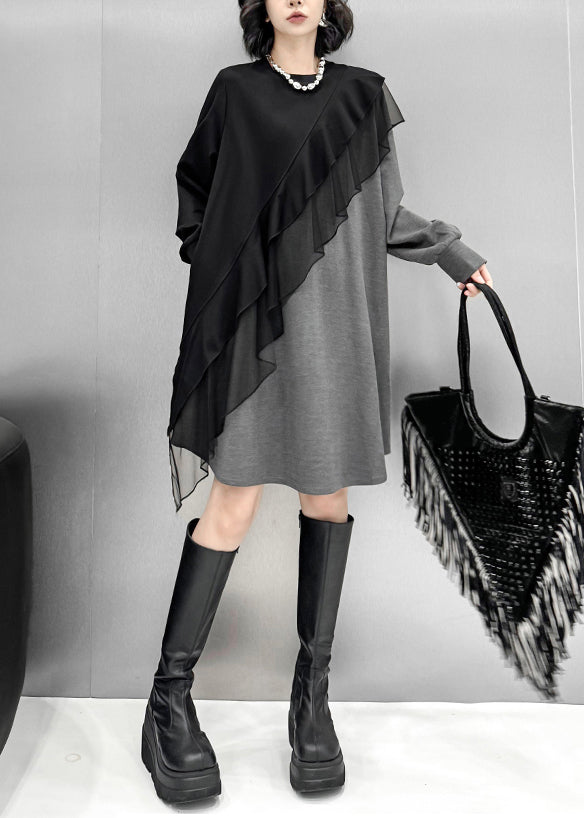 Asymmetrical Tulle Ruffle Patchwork Long Sleeve Mini Dress