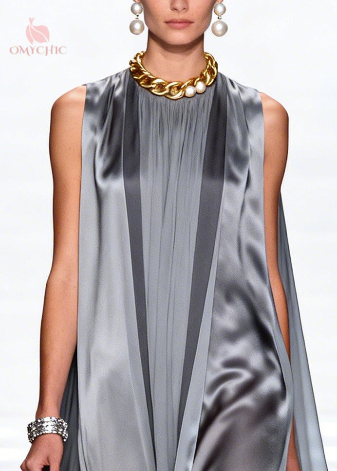 Satin High Neck Sheer Cape Panel Sculpted Rosette Hem Maxi Gown
