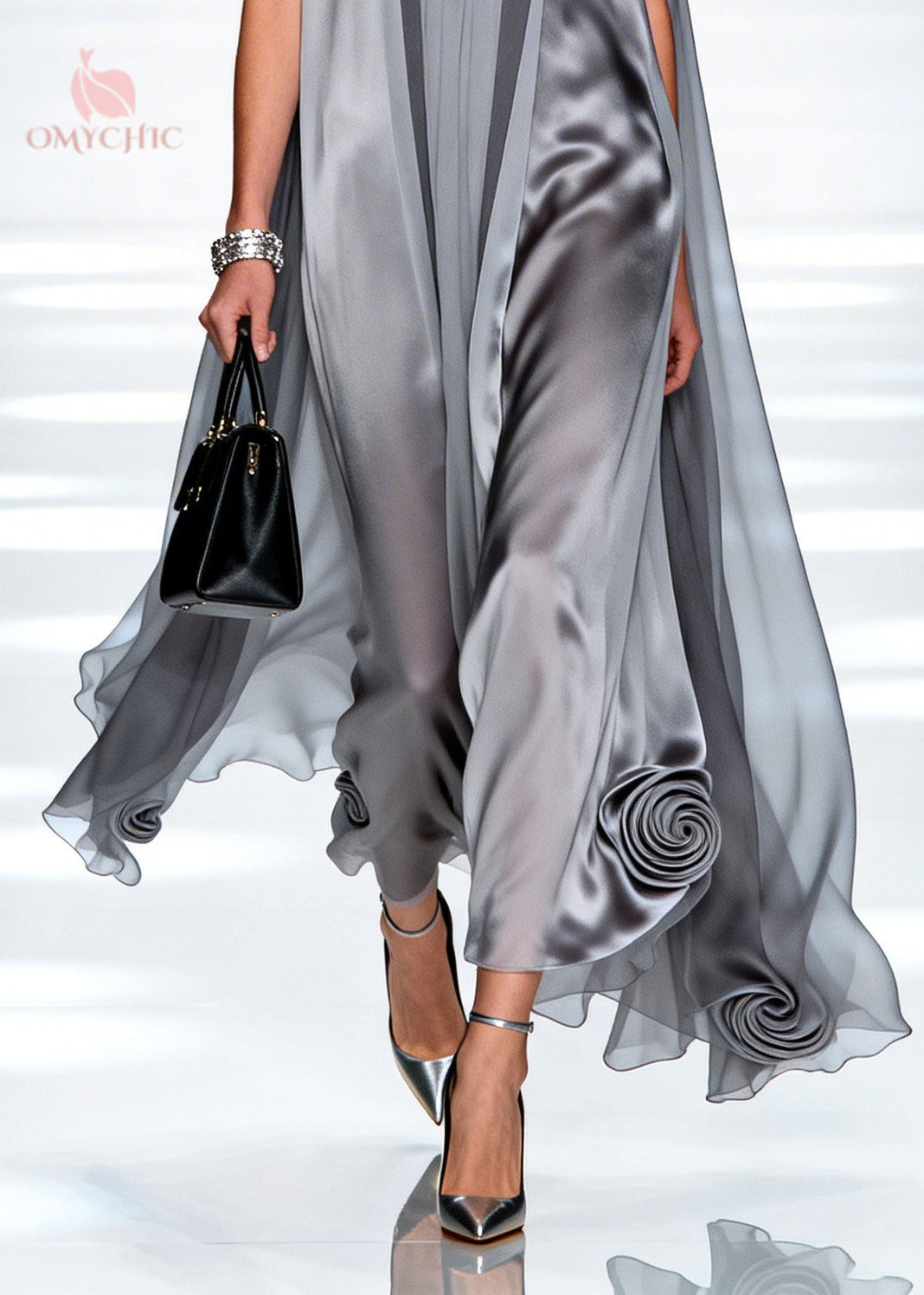 Satin High Neck Sheer Cape Panel Sculpted Rosette Hem Maxi Gown