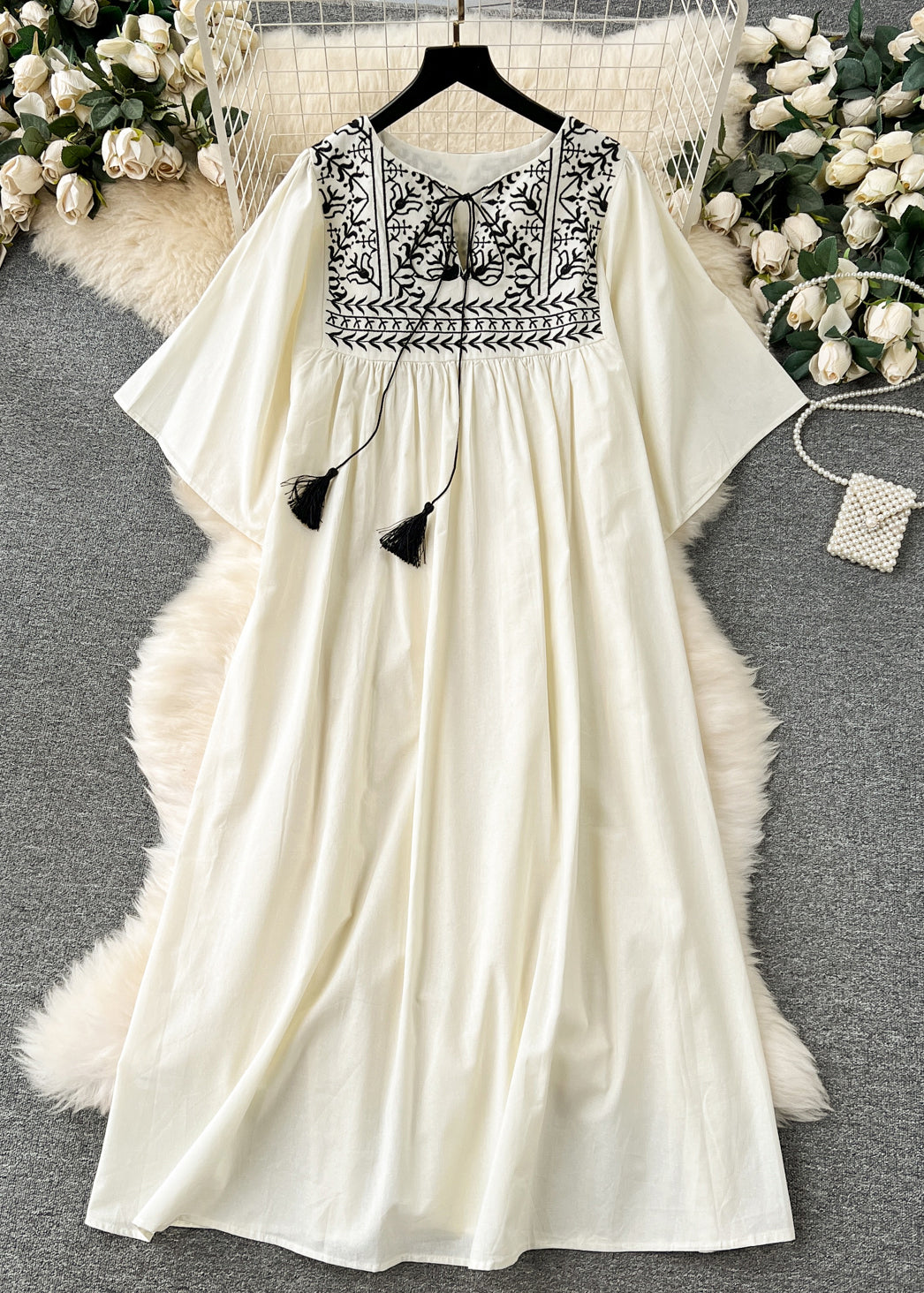 Embroidered Yoke Tassel Tie Neck Bell Sleeve Pleated Smock Maxi Dress