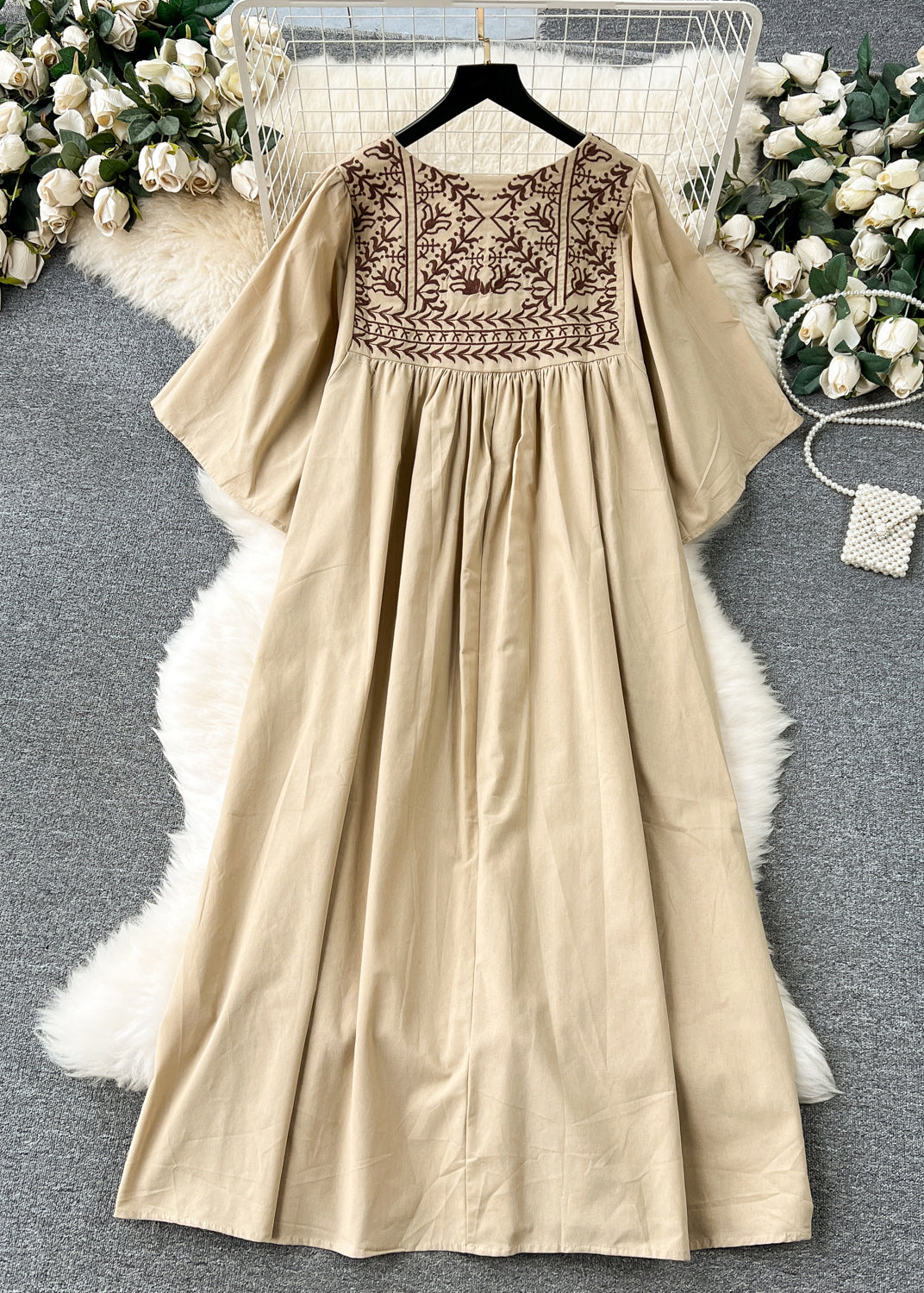 Embroidered Yoke Tassel Tie Neck Bell Sleeve Pleated Smock Maxi Dress