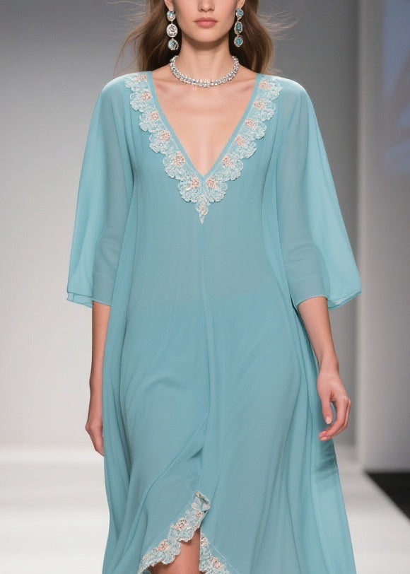 Lace Applique Chiffon Deep V-Neck Three Quarter Sleeve High Low Kaftan Maxi Gown